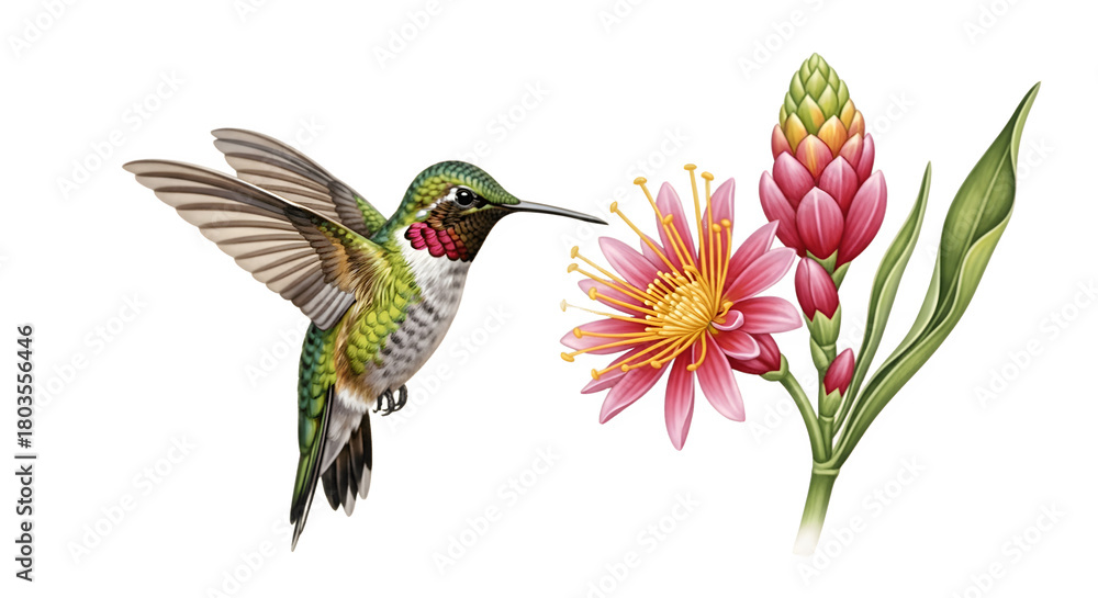 Obraz premium Hummingbird and Exotic Flower Illustration A Vibrant Wildlife Encounter.