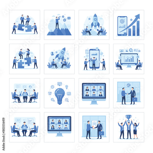 Collection of business illustrations depicting teamwork success growth and online meetings