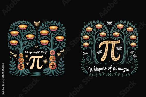 Two whimsical pi trees bearing pies with pi symbols and butterflies magic