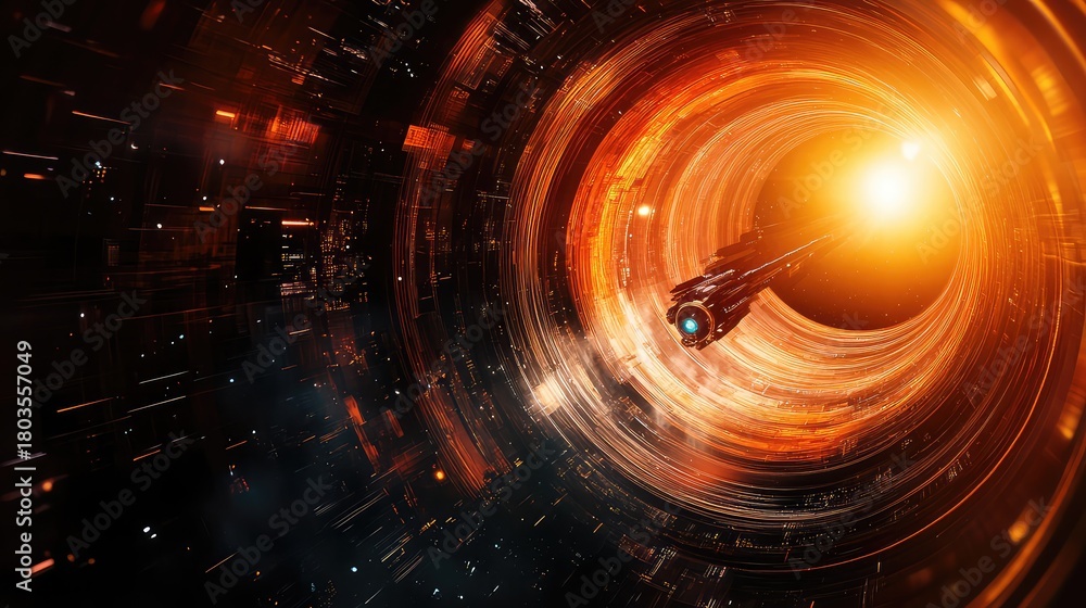 Obraz premium Spaceship traveling through warmhole light speed space travel