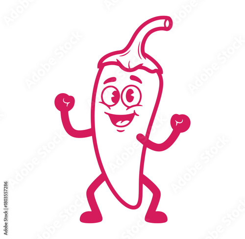 Cheerful cartoon chili pepper character with arms and legs isolated on a white background