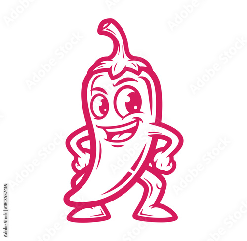Cheerful cartoon chili pepper mascot with a happy smiling expression and friendly pose.
