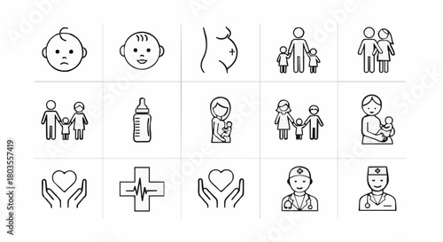Family, parenting & healthcare outline icon set with editable stroke. Minimalist thin-line vector illustrations featuring babies, pregnant woman, parents, children, bottle, stethoscope, heart hands, 