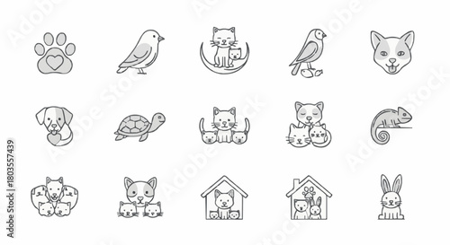 Cute animal and pet outline icons set with editable stroke. Minimalist thin-line vector illustrations including paw print, birds, cats, dogs, turtles, hamsters, rabbit, and pet houses. Perfect for chi