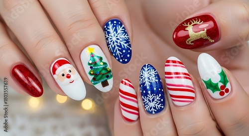 Sparkling holiday nails adorned with festive designs ready for Christmas cheer
