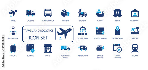 Global Logistics and Delivery Icon Set. Shipping, Transport, Warehouse, Tracking, Freight, and Travel vector symbols for modern business
