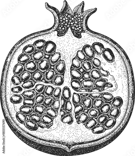 Pomegranate fruit cross section showing seeds and internal structure isolated on black
