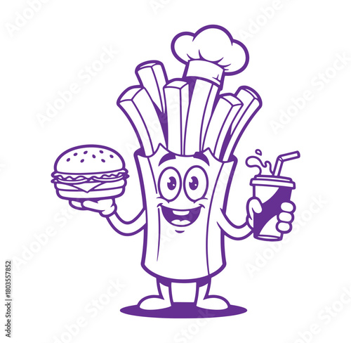Cheerful cartoon french fry character holding burger and drink for food designs