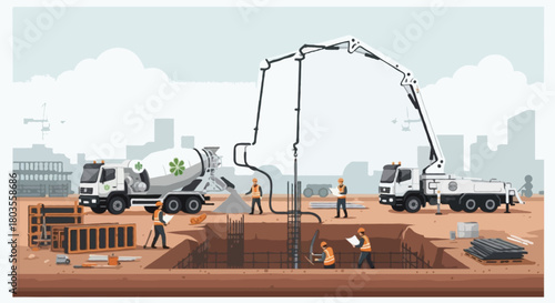 Flat vector a wide-angle illustration of a modern construction site showing a dynamic concrete-pouring process