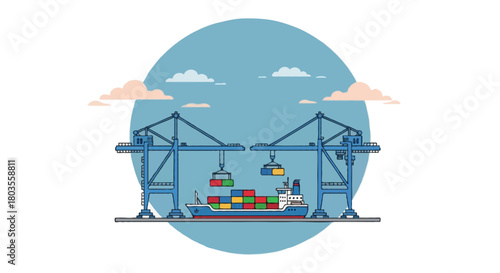 Flat vector illustration with a big blue circular backdrop on a white background, two cranes operating in port, small cargo ship loading containers