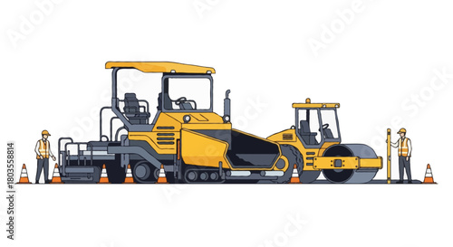 Flat vector illustration of road paving machinery isolated on a white background