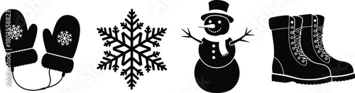 Winter silhouettes of mittens, snowflakes, snowmen, and boots