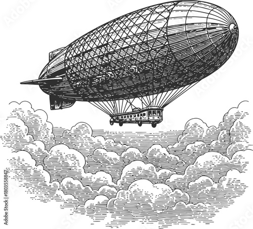 Vintage airship dirigible flying above dark clouds in monochrome silhouette illustration