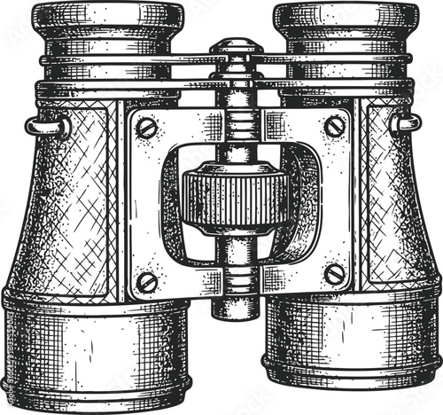 Vintage binoculars illustration in dark monochrome tones for exploration and discovery