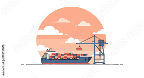 Flat vector minimalist cargo ship scene with a pastel peach circular sunset sky