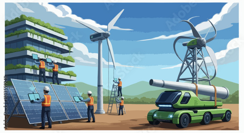 Flat vector A futuristic eco-construction illustration showing a team installing solar panels and assembling a tall wind turbine