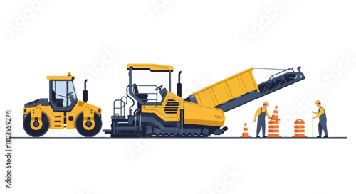 Flat vector illustration of road paving machinery isolated on a white background