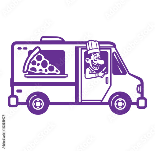 Cheerful chef driving pizza food truck delivering delicious pizza slices to customers