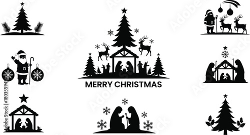 Silhouette of a Christmas nativity scene and decorations