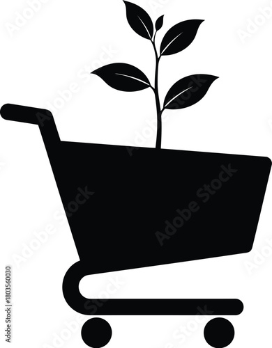 Shopping cart with plant, concept of organic and healthy food