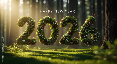 Happy New Year 2026 numbers made of green vines and flowers in a sunlit forest celebration