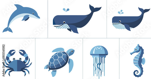 Marine life illustrations dolphin whale crab turtle jellyfish seahorse