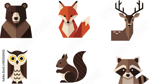 Geometric animal illustrations set bear fox deer owl squirrel raccoon