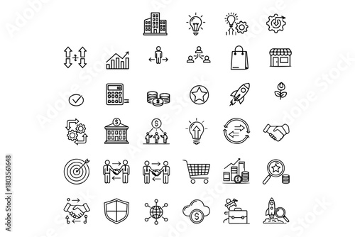 Minimalist Business Model line icons set with editable stroke, featuring suppl chain, building, innovation, trading, midleman, retail, cost structure, quality, start up. thin linear
