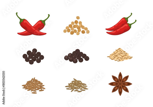 Grid of nine different spices including chilies peppercorns seeds and star anise