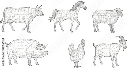 Farm animals collection graphic outlines isolated white background