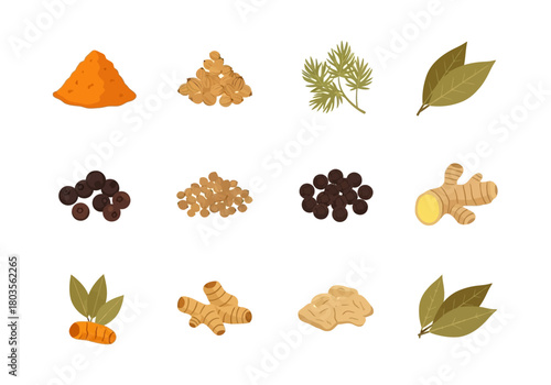 Twelve icons of spices arranged in a threebyfour grid on white