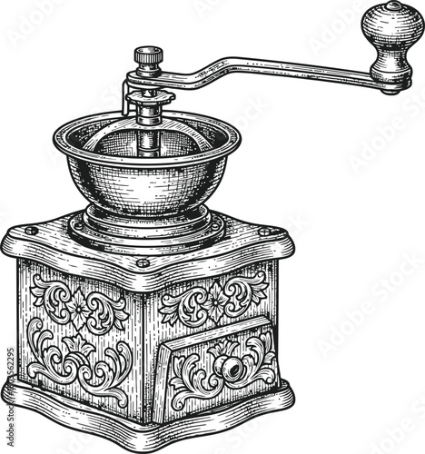 Vintage manual coffee grinder silhouette with hand crank for fresh ground beans
