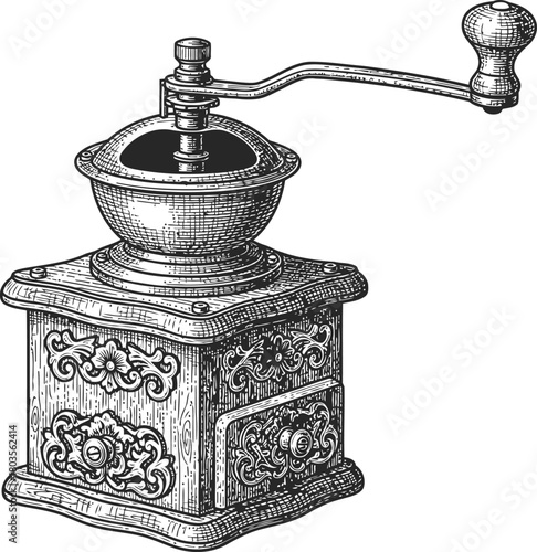 Vintage manual coffee grinder silhouette with hand crank mechanism for kitchenware