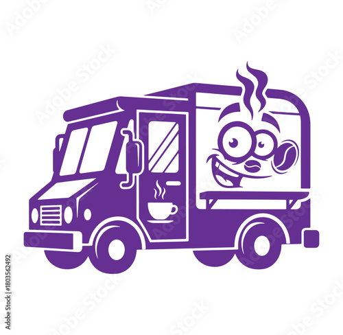 Fun purple coffee truck illustration with smiling face and coffee cup for branding