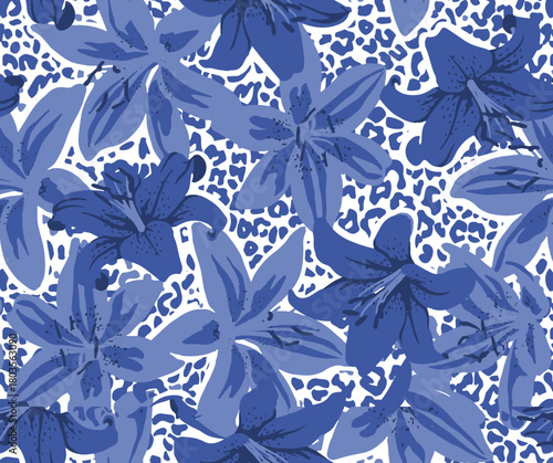Seamless floral pattern featuring expressive blue lily flowers mixed with an abstract leopard texture. Perfect for fashion fabrics, apparel, home décor, wallpaper, stationery, and modern surface print