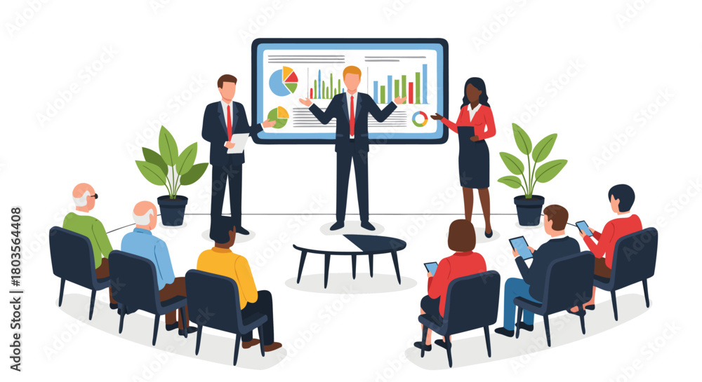 Fototapeta premium Dynamic Business Presentation Illustrating Data Analysis and Strategic Growth for Engaged Audience in Modern Corporate Meeting Setting