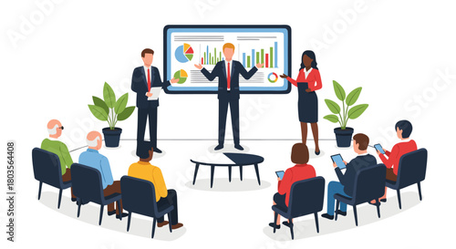 Dynamic Business Presentation Illustrating Data Analysis and Strategic Growth for Engaged Audience in Modern Corporate Meeting Setting