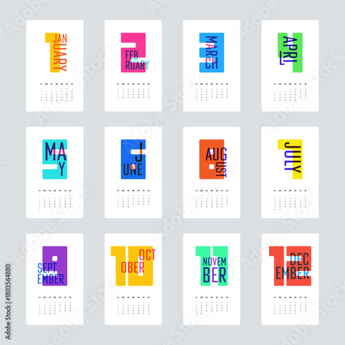 Set of 12 monthly 2026 calendar template with colorful overprint typographic modern futuristic style