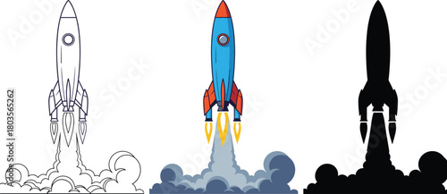 Cartoon Rocket Launch Icon Set with Smoke - Outline, Color, and Silhouette Vector