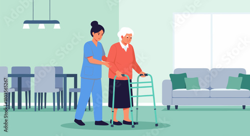 A compassionate nurse provides support to an elderly woman using a walker, illustrating home healthcare, assisted living, and geriatric care services