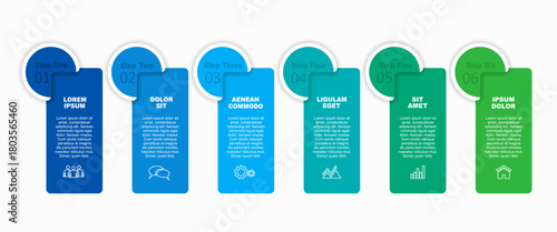Six-step infographic with icons, headings, and text blocks for business, presentation, or data visualization. Vector.