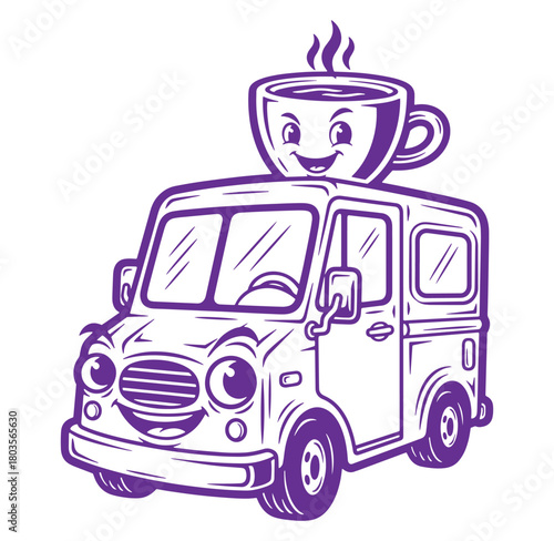 Whimsical coffee truck mascot cartoon smiling cup and delivery van in purple outline