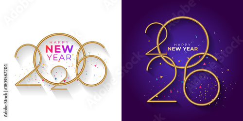 Set of post design for Happy New Year 2026. Elegant vibrant golden 3D number logo unit with fireworks confetti.
