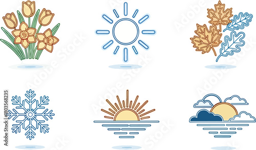 Seasonal icons set depicting various weather conditions and nature elements