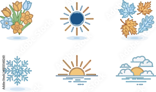 Seasonal vector illustrations spring flowers summer sun autumn leaves winter snowflake and cloudy sunrise