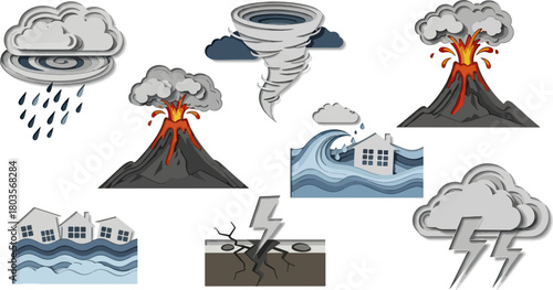 Severe weather icons cloudbursts tornadoes volcanic eruptions and natural disasters