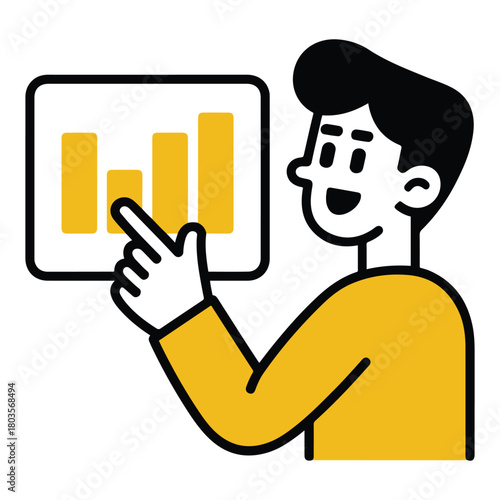 Smiling cartoon character highlights key business data on an interactive bar graph, symbolizing insightful statistical analysis and positive growth trends for success