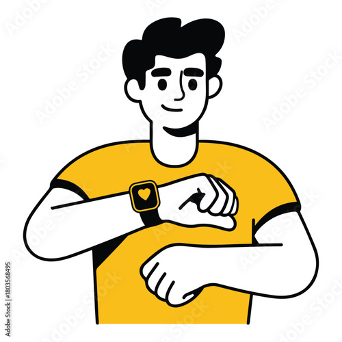 Stylized illustration of a man checking his heart rate on a modern wearable device, highlighting personal well-being and digital health tracking features