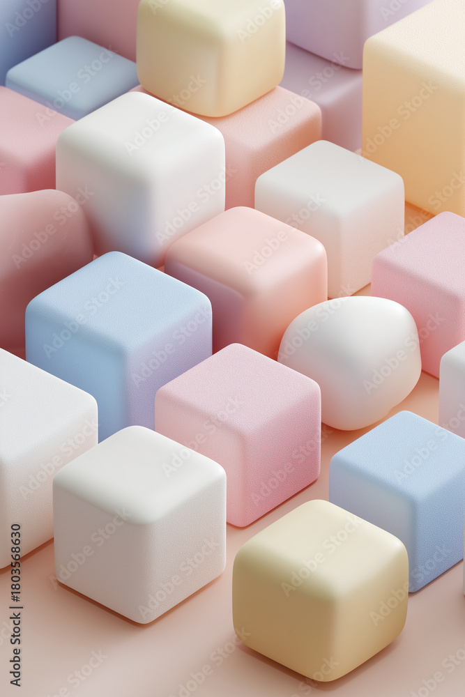 Obraz premium Soft pastel colored cubes and rounded shapes are arranged in minimalistic style, creating soothing and sweet visual effect