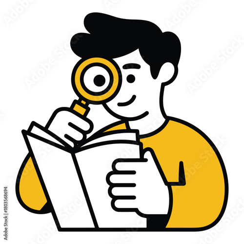 A focused individual meticulously studies a book using a magnifying glass, embodying the spirit of thorough research, learning, and uncovering detailed information